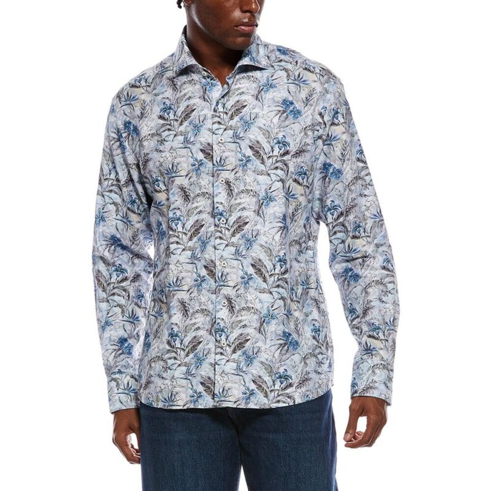 Eterna Mens Soft Printed Twill Modern Fit Linen-Blend Shirt, Blue